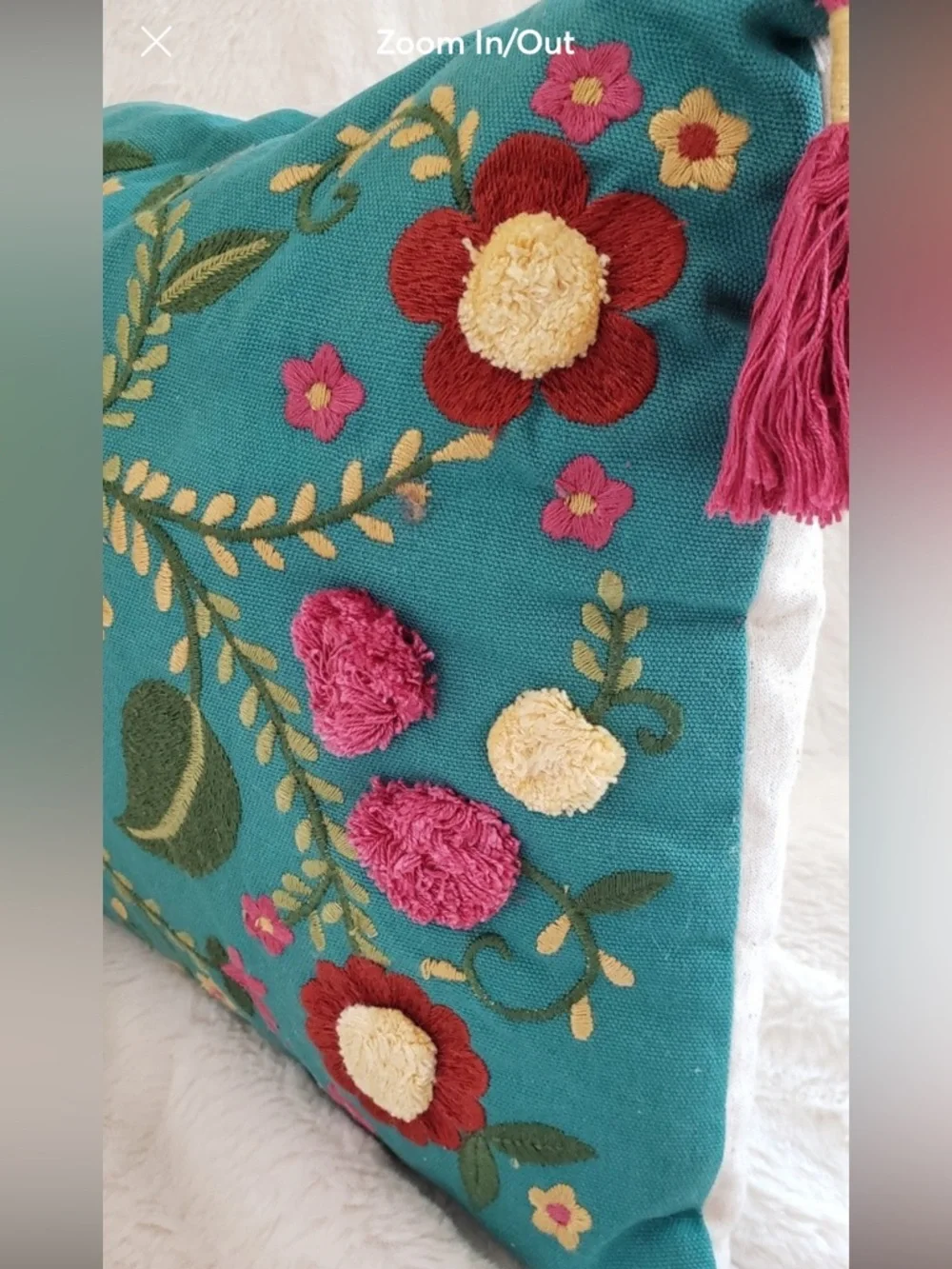 Pier 1 Embroidered Accent Pillow with Pom Pom Florals and Tassels NWT